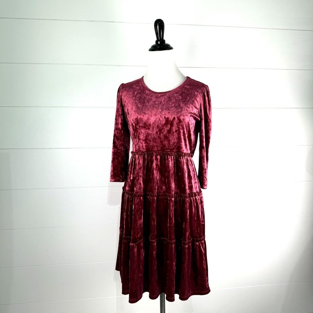 Stretch Velvet Velour Red Pink Tiered Dress Girls XL 14 16 Party Xmas Dance